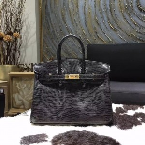 Imitation Hermes Birkin 25cm Lizard Skin Bag Gold Hardware Handstitched, Noir CK89 RS12362