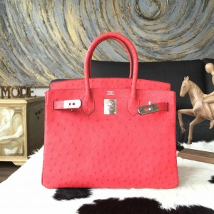 Hermes Autruche Ostrich Birkin 30cm Bag Handstitched Palladium Hardware, Bougainvillier A5 RS19758