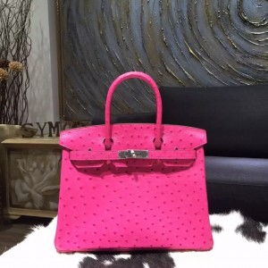 Hermes Autruche Ostrich Birkin 30cm Bag Handstitched Palladium Hardware Handstitched, Fuschia Pink 5J RS20506