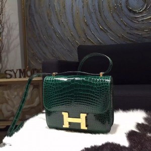 Hermes Constance 18cm Shiny Alligator Crocodile Original Leather Fully Handstitched Gold Hardware, Vert Fonce CK67 RS13893