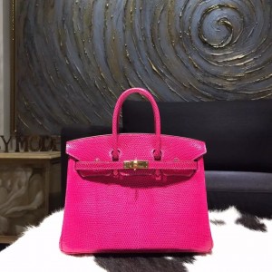 Quality Hermes Birkin 25cm Lizard Skin Original Leather Bag Handstitched Gold Hardware, Fuschia Pink 5J RS01695