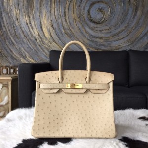 Top Hermes Autruche Ostrich Birkin 30cm Bag Handstitched Palladium Hardware, Parchemin 3C RS07206