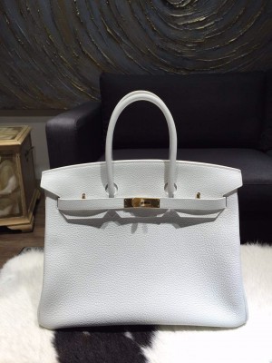 Replica Hermes Birkin 35cm Taurillon Clemence Leather Bag Gold Hardware Handstitched, Blanc CK01 RS07151