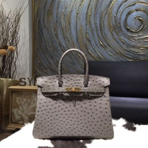 Copy Fashion Hermes Autruche Ostrich Birkin 30cm Bag Handstitched Gold Hardware Handstitched, Mousse Gray CK19 RS12388