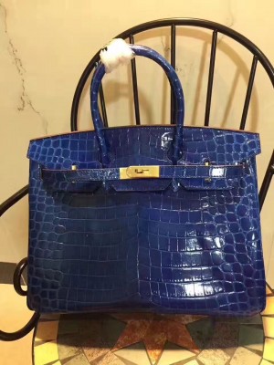 Hermes Birkin 35cm Blue Crocodile Veins Leather Bag (Golden)