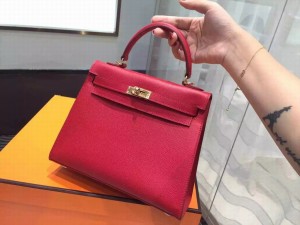 Hermes Kelly 25cm Epsom Calfskin Original Leather Bag Hand Stitched Gold Hardware, Rouge Casaque Q5 RS00083