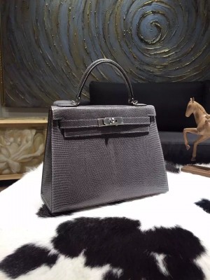 Hermes Kelly 28cm Lizard Skin Sellier Rigide Bag Handstitched Palladium Hardware, Gris Fonce CK84 RS06846