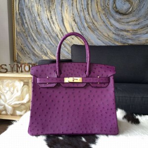 Copy Hermes Autruche Ostrich Birkin 30cm Bag Hand Stitched Gold Hardware Handstitched, Violet 5C RS12179