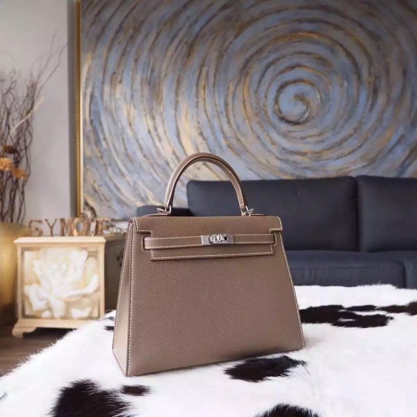 Hermes Kelly 25cm Epsom Calfskin Bag Handstitched Palladium Hardware, Etoupe  CK18 RS03907 Replica Sale Online With Cheap Price